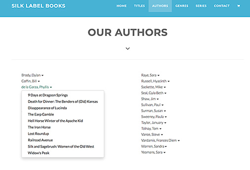 bookstore website - front page screenshot showing author's books from dropdown menu